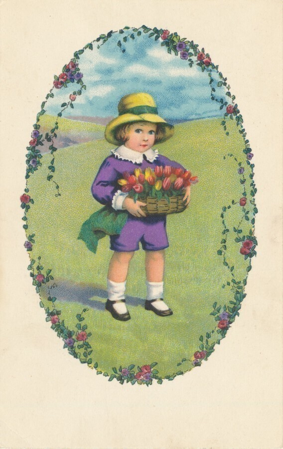Pojalla tulppaaneja korissa- vanha kortti