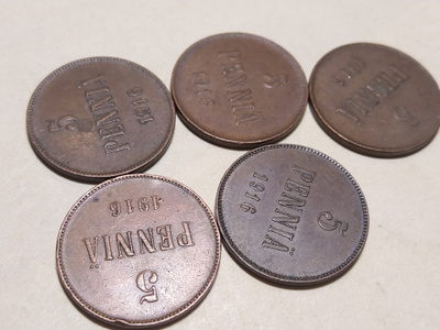 5 penniä Cu 1916 5 kpl