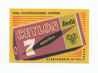OTK:N Tulitikkutehdas. Tampere. CEYLON teetä. Etiketti