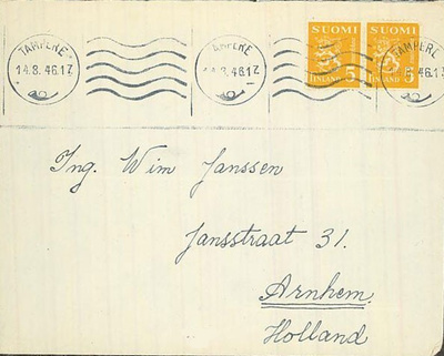 30 1946 5mk keltainen leijona pari kirjeellä Hollantiin