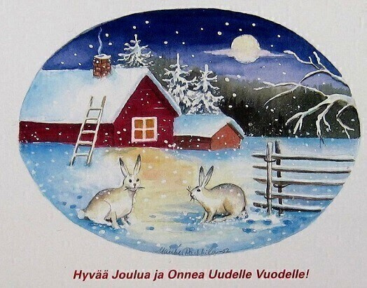 Kaksi pupua talvimaisemassa Joulukortti