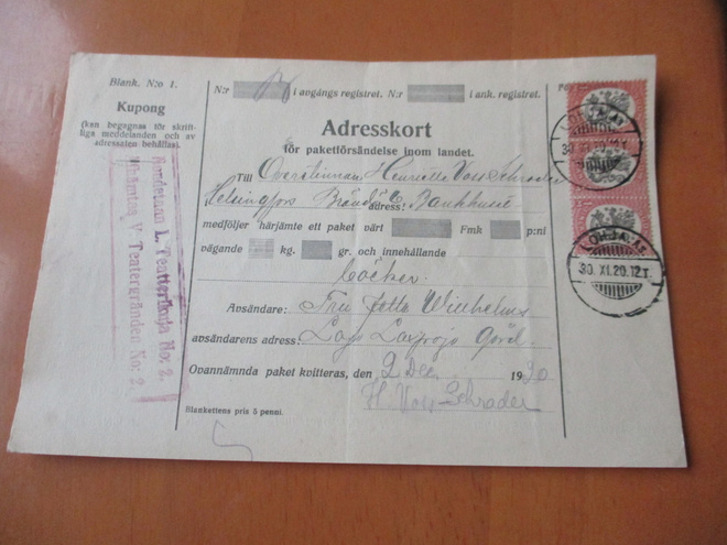1920 Lohja As. pakettikortti Kulosaareen