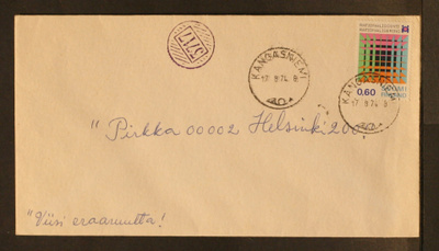 # 23602 # Numeroleima 3717 + Kangasniemi kirje Helsinki 1974