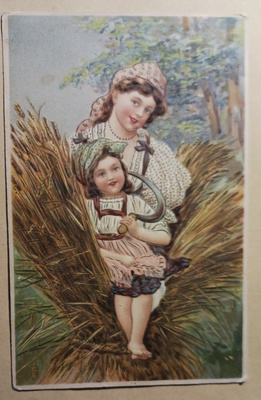 Äiti ja lapsi sadonkorjuussa, vanha väripk, p. 1913