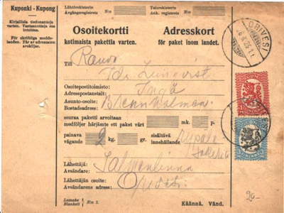 POSTILÄHETYS OSOTEKORTTI ORIVESI -INKOO