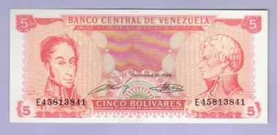 Venezuela 5 Bolivares v.1989 UNC P-70