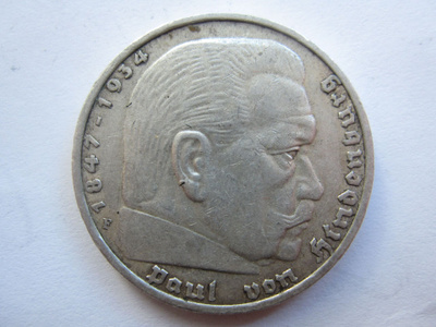 Natsi-Saksa 5 Reichsmark 1936 F Hindenburg hopeaa