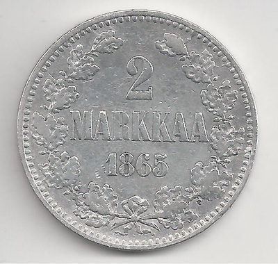 1865  2 mk hopeaa hyvä