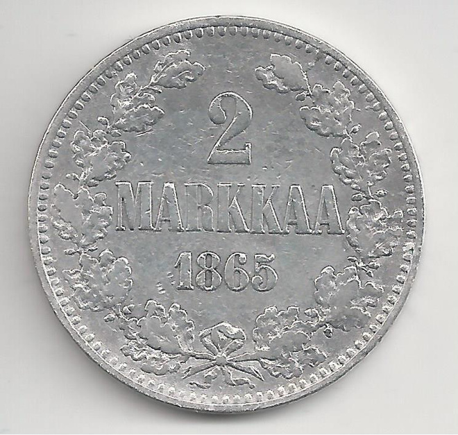 1865  2 mk hopeaa hyvä