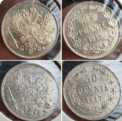 50- (tyyppi II) ja 25-PENNIÄ(tyyppi I ) v.1917