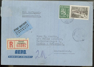 M30 1942 50mk Tre ym R-lentokirje Saksaan
