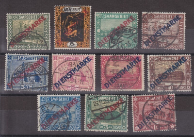 Saksa Saar 1922 Mi Dienst 1-11 leimattuna.