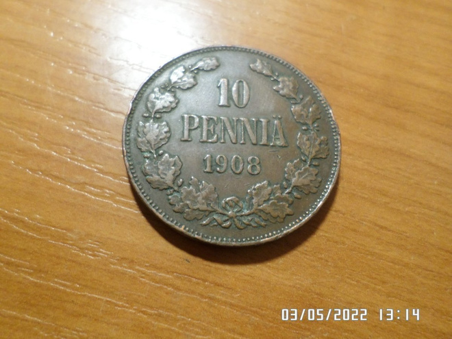 10  penniä  1908     kl 6    siisti  raha