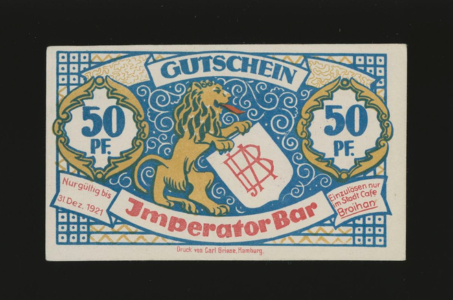 Saksa Notgeld 50 Pfennig Hamburg, Imperator Bar 1921