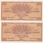 Suomi 100 mk 1957 4 kpl - O2114207-...10 peräkk. no:t kl 9 - pikkukuva 1