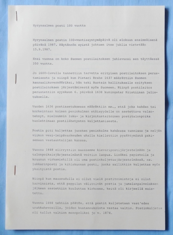 Hyrynsalmen postihistoriaa 1887–1987