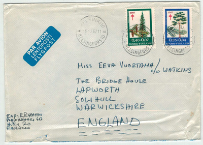 1967 tub 40p ym lentokirje Englantiin