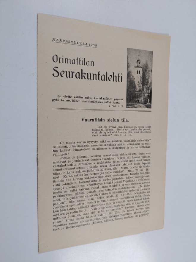 Orimattilan seurakuntalehti marraskuulla 1938