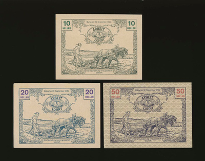 Itävalta Notgeld 10, 20, 50 Heller, Tausendlum 1920