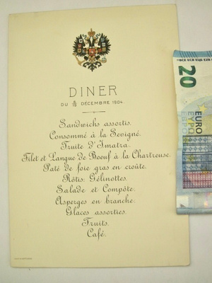 Menu RUokalista Keisarin Venäjän Vaakuna 1904 UPEA Suomalain