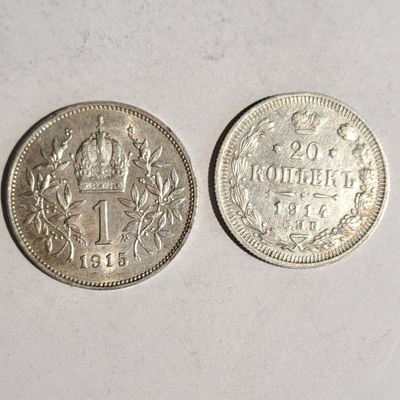 Itävalta - Unkari 1 Koruna 1915 H. ja Venäjä 20 kop.1914 Hop