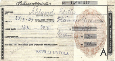 Palkanpidätystodiste Hotelli Untola, Hämeenlinna