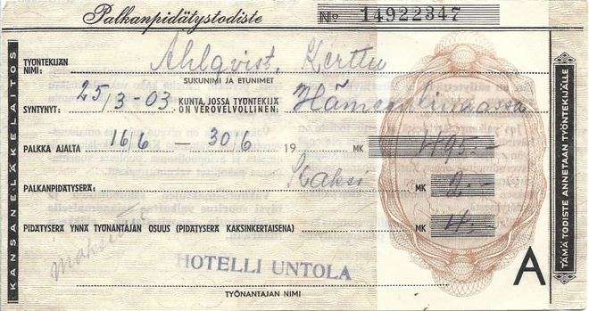 Palkanpidätystodiste Hotelli Untola, Hämeenlinna