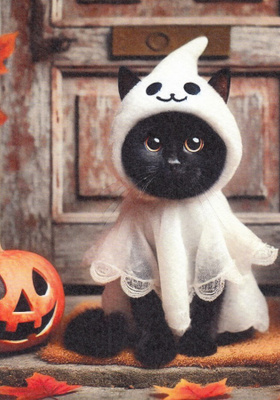 Halloween musta kissa kummitusasussa