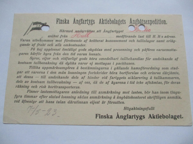 1923 FÅA Baltic ilmoituskortti