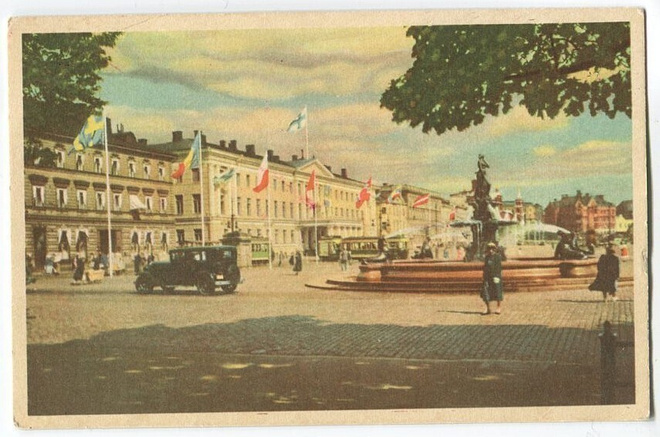 Helsinki Kauppatori, väripostikortti 1930-luvulta