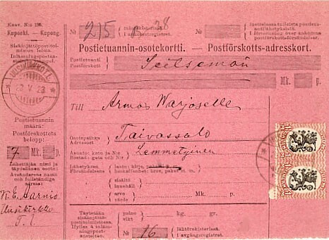 UUSIKIRKKO T.L. 1923 postiennakkokirje TAIVASSALOon
