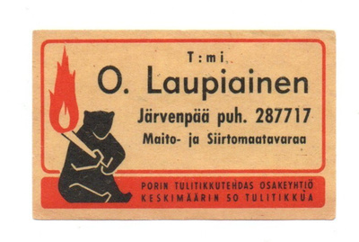 Porin Tulitikkutehdas T:mi O. Laupiainen Järvenpää  Etiketti