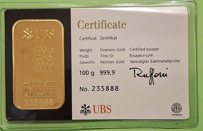 UBS 100 g 9999 kulta harkko.