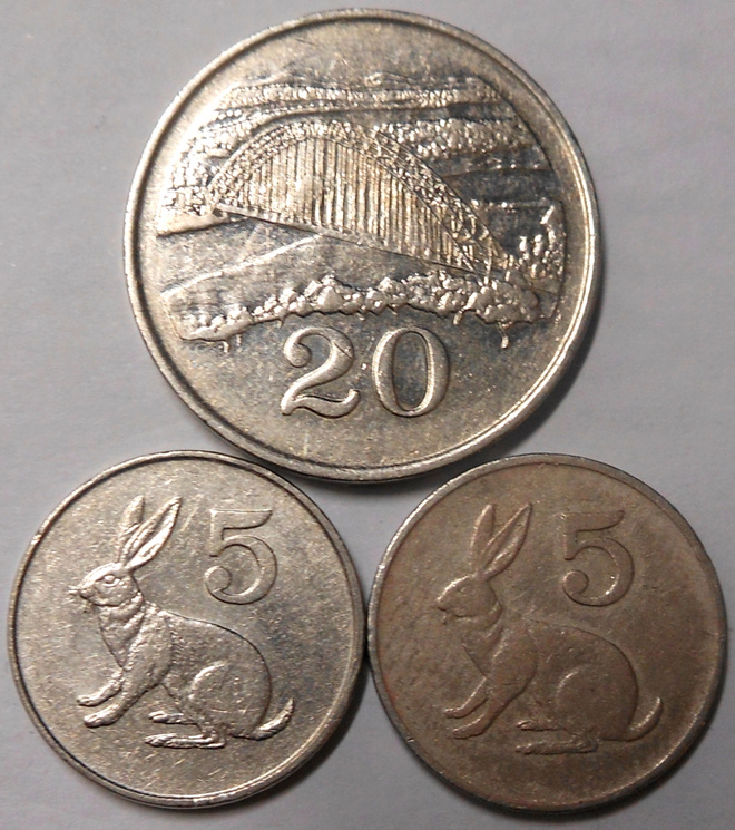 Zimbabwe. 5 cents 1980, 1982; 20 cents 1997.