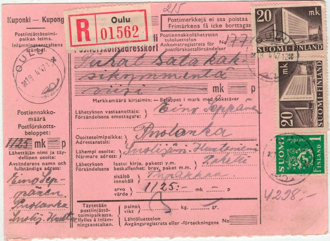 1947 kirjattu postiennakkopaketti
