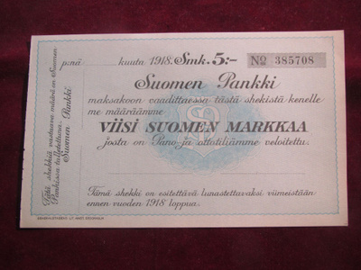 Viisi Suomen markkaa. Shekki. Suomen Pankki. 1918