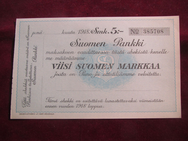 Viisi Suomen markkaa. Shekki. Suomen Pankki. 1918