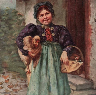 LAPSET / Soma tyttö kana kainalossaan ja vasu. 1900-l.
