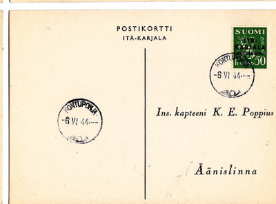 Postikortti Itä-Karjala Sot.Hallinto Kontupohja Leima 1944