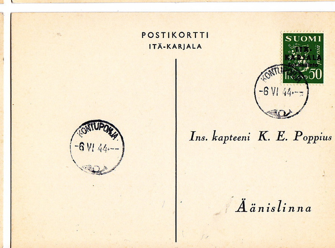 Postikortti Itä-Karjala Sot.Hallinto Kontupohja Leima 1944