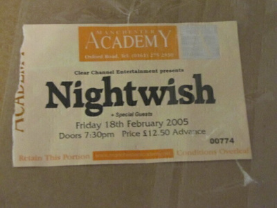 Nightwish konserttilippu 18.2.2005 Englanti