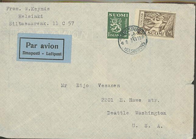 M30 1949 lentokirje USAhan