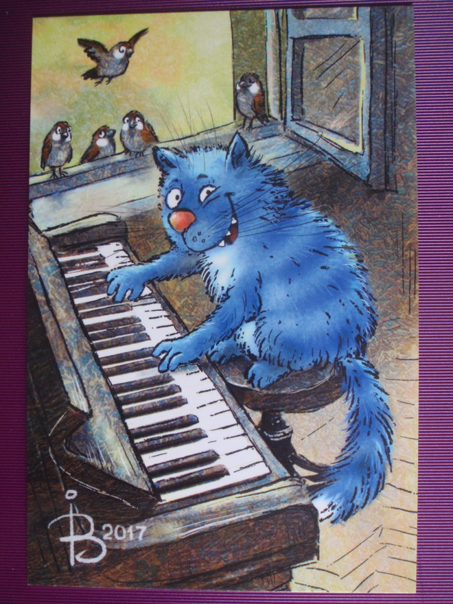 Irina Zeniuk sininen kissa soittaa pianoa