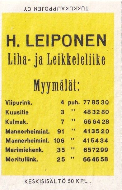 Helsinki, H. LEIPONEN,  Liha- ja Leikkeleliike.     s61