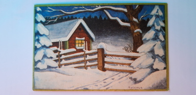 A. Wallman vanha tyylikäs joulukortti, luminen maisema v. 53