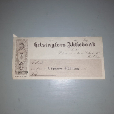 shekki Helsingfors aktiebank löpande räkning v-20