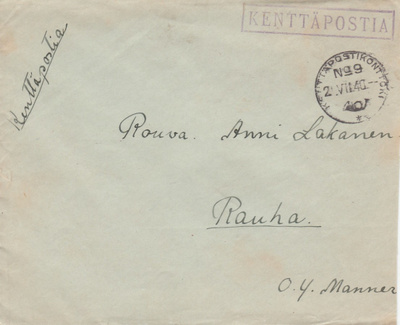 1940, Kirje Kenttäpostia, Kenttäpostikonttori 9
