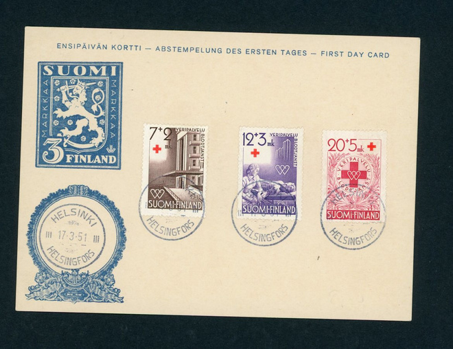 FDC 1951 Punainen Risti kortti erillisleimoilla ( PR )