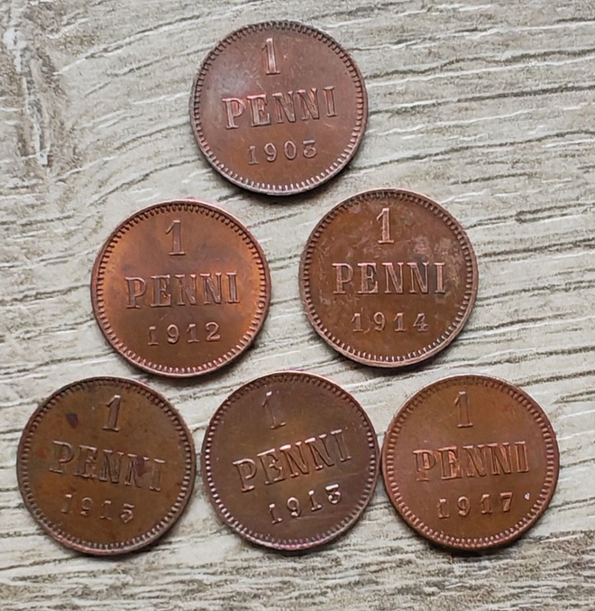 1 PENNI 6kpl v.1903-1917 mukana "vallankumousraha"