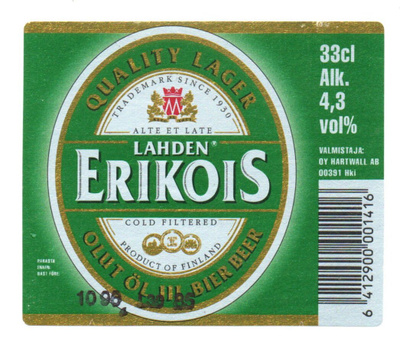 OY HARTWAL AB Lahden Erikois III Olut. Etiketti